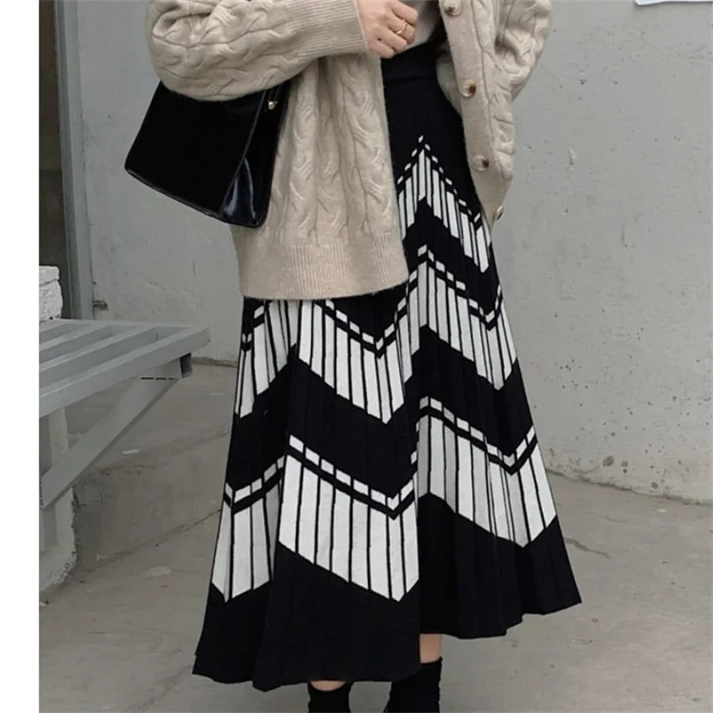 

Женские длинные юбки, Осень-зима 2022, ретро юбка в волнистую полоску, американская повседневная юбка средней длины с высокой талией RYXBSQ428