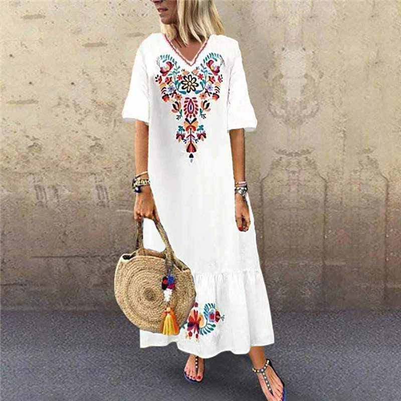 Bohemian Printed Maxi Dress ZANZEA Women's Sundress Summer Casual V-Neck Ruffle Vestidos Female Short Sleeve Floral Robe