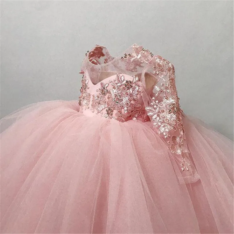 

Милые розовые платья на день рождения для маленьких девочек, детское рождественское платье с длинным рукавом, аппликацией и круглым вырезом, кружевными бусинами, Пышное Платье