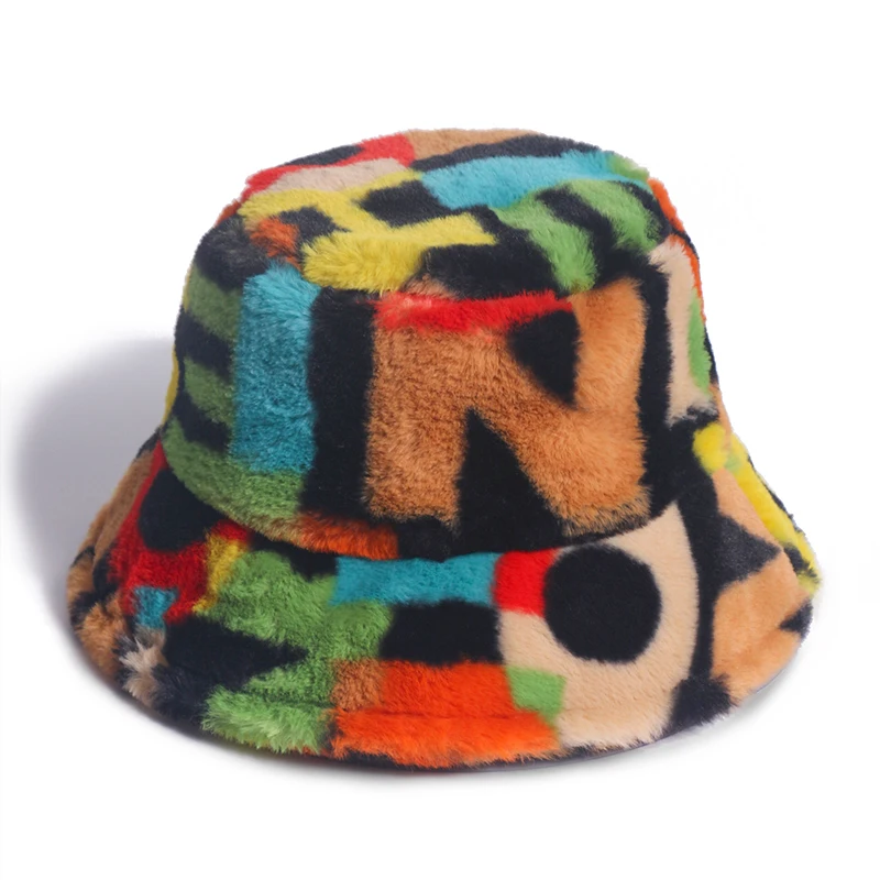 Winfox New Fashion Soft Rainbow Faux Fur Letter Bucket Hats For Women Warm Caps Winter 2020