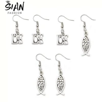 new design jesus fish dangle earrings for women hollow love letter drop earrings charms alloy religion jewelry accessories gifts