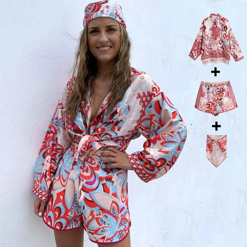 

3 Sets Vintage Totem Floral Print Women Shirt Shorts Scarf Sets Spring Summer Single Breasted Chic Streetwear
