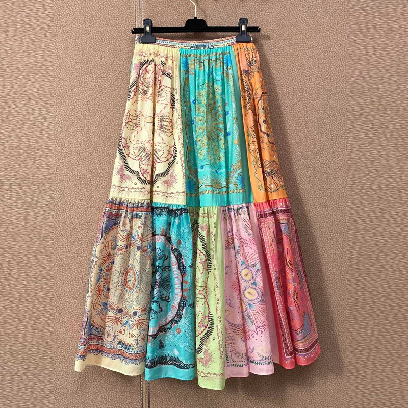 

2021 summer women high quality cotton vintage printed long skirts female fashion a-line maxi skirt Y482