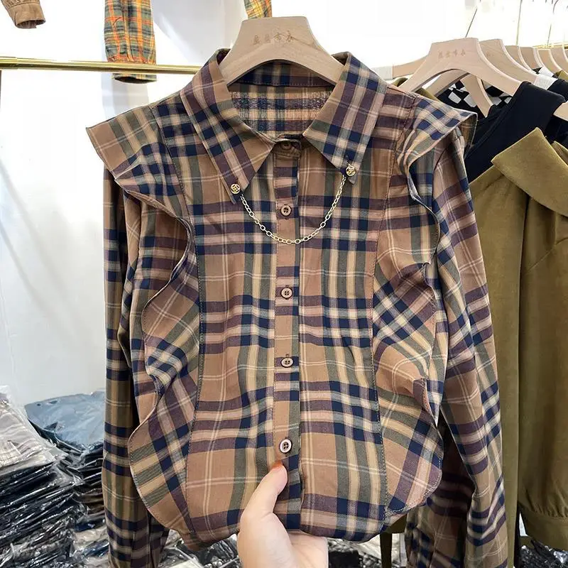 

Plaid Shirt Women's Blusas Elegantes Spring Summer 2022 Women Fashion Vintage Clothes Chemises Femme Brown Top Long Sleeve Top