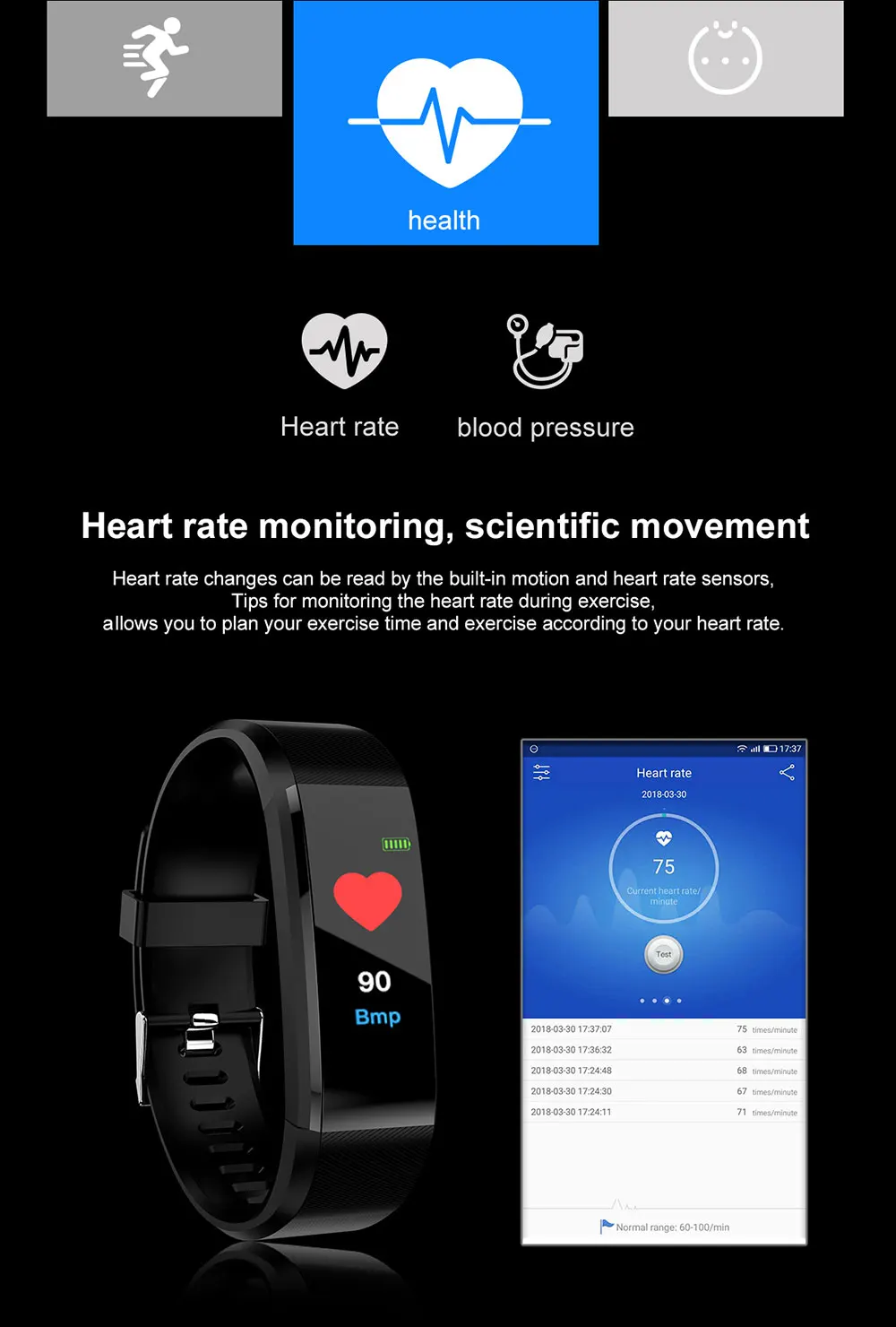 

115 Plus Smart Watch Bluetooth Sport Watches Health Wristband Heart Rate Fitness Pedometer Bracelet Fashion Women Men Watch