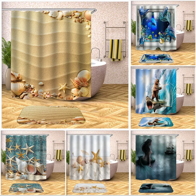 2Pcs/Set 3D Print Pattern Shower Curtain Set Waterproof Polyester Cloth+Non-slip Mat Rug Toilet Bathroom Home Decor Curtain