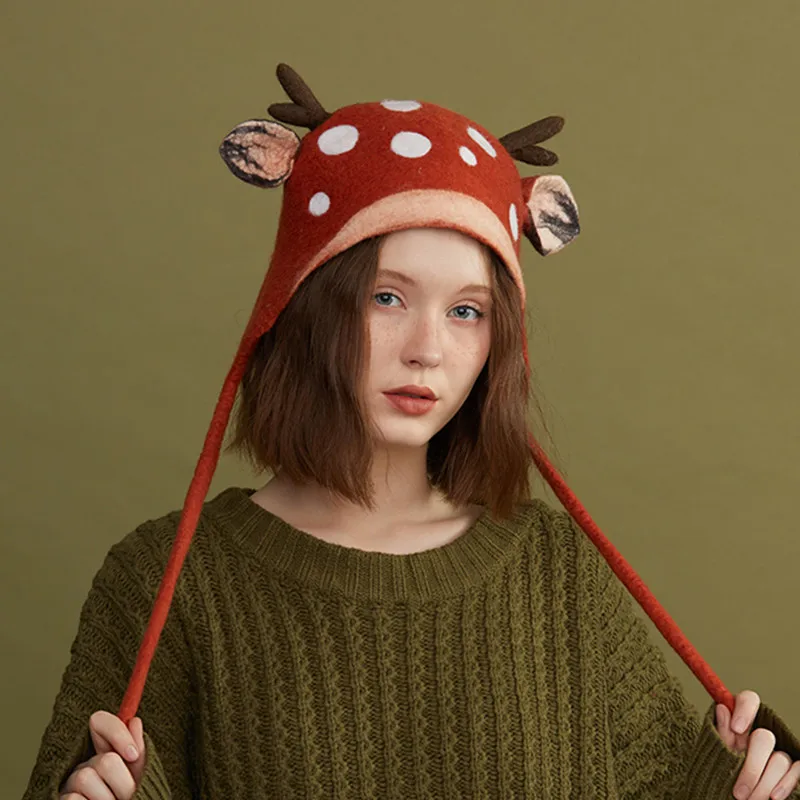 

Панама ручной работы, влажные фетровые шапки с ушками оленя, эльфа, вязаная шапка, Зимние головные уборы, ретро художественные теплые шапочки, рождественский подарок