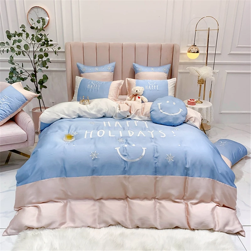 

Luxury 600TC Tencel Queen King Bedding Set 4/7pcs Bed cover Bedsheet pillowcase embroidery leaves Duvet Cover Bed set