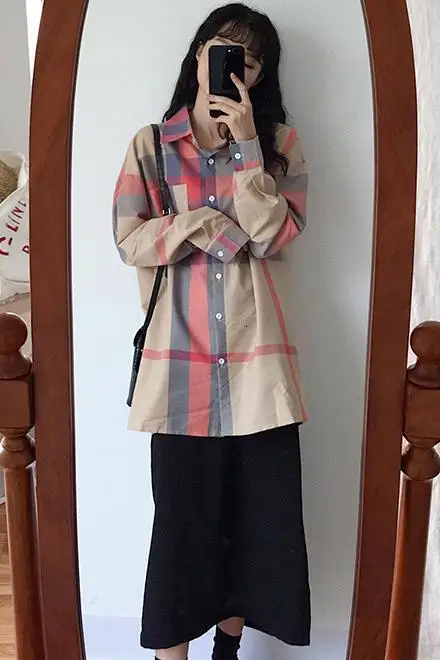 

2019 Autumn Women Plaid Cotton Shirts Long Sleeve Retro Korean Fashion Sexy Ladies Clothing Casual Elegant Button Up Blouses