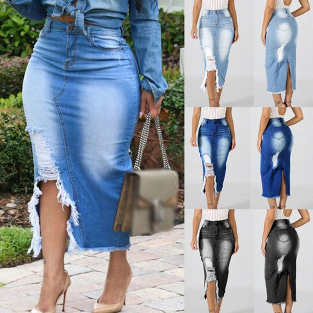 

European And American High Waist Washed Denim Split Hip Skirt Large Size
