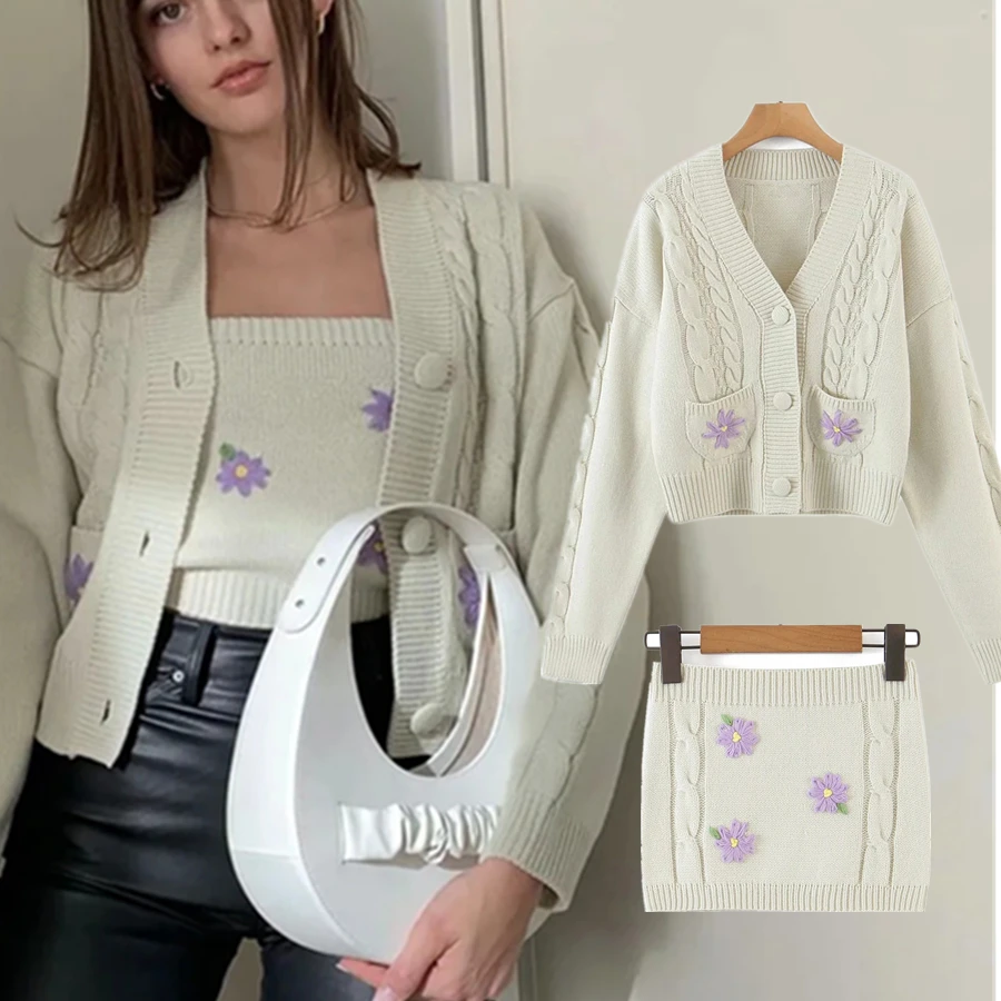 

Dave&Di Ins blogger Vintage Flower Embroidery Single Breasted Knitted Cardigans Women Sexy Strapless Elastic Vest Tops Sets