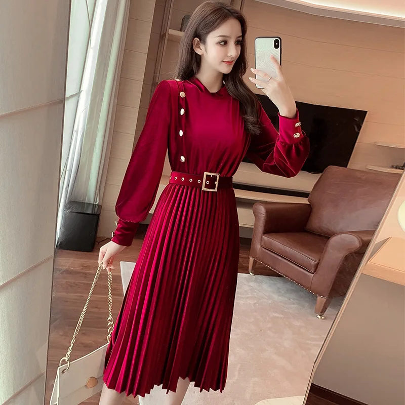 

ВЕСНА Новинка осени модная сужающаяся к талии юбка средней длины, женское платье для выпускного вечера с золотой бархат внутри ~ доставки ре...