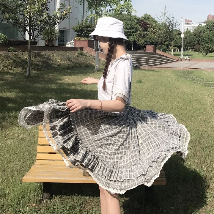 Kawaii Лолита юбка японский стиль 90 подростков мягкая Сестра Дейзи аппликации кружева лоскутное рюшами Сарафан в клетку юбки