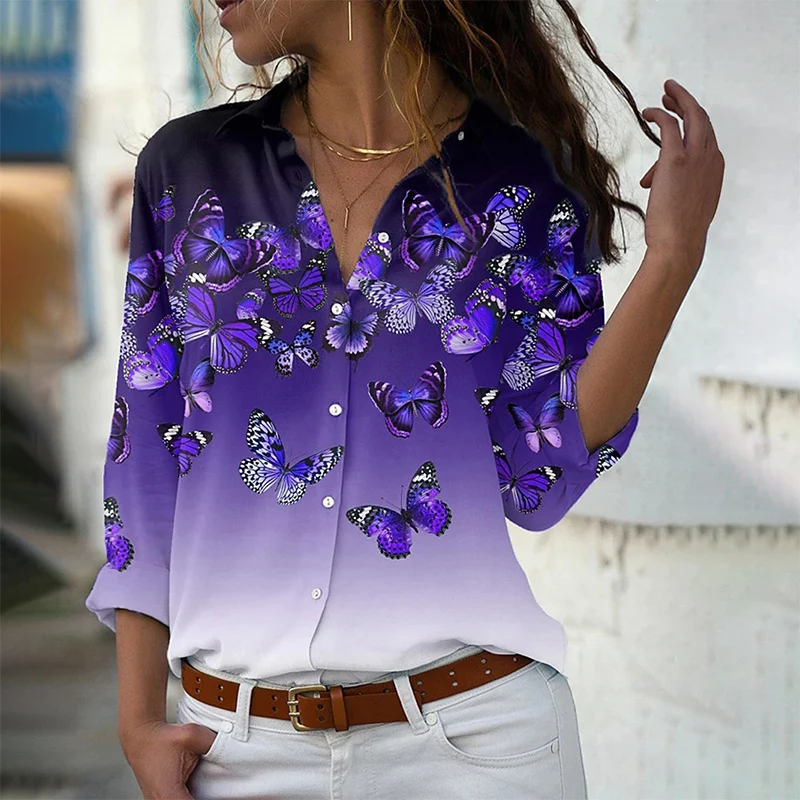 

Spring Fashion Butterfly Print Tops And Blouses Women Turn-down Collar Long Sleeve Casual Shirts Ladies Buttons Elegant Blouses