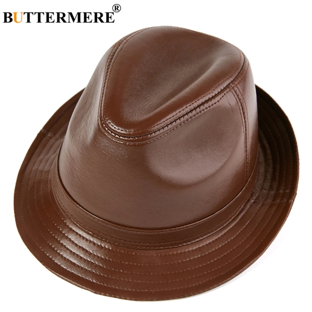 BUTTERMERE Шляпа Fedora натуральная кожа джаз шляпа мужская осень зима овчина британский стиль мужская коричневая черная плоская кепка