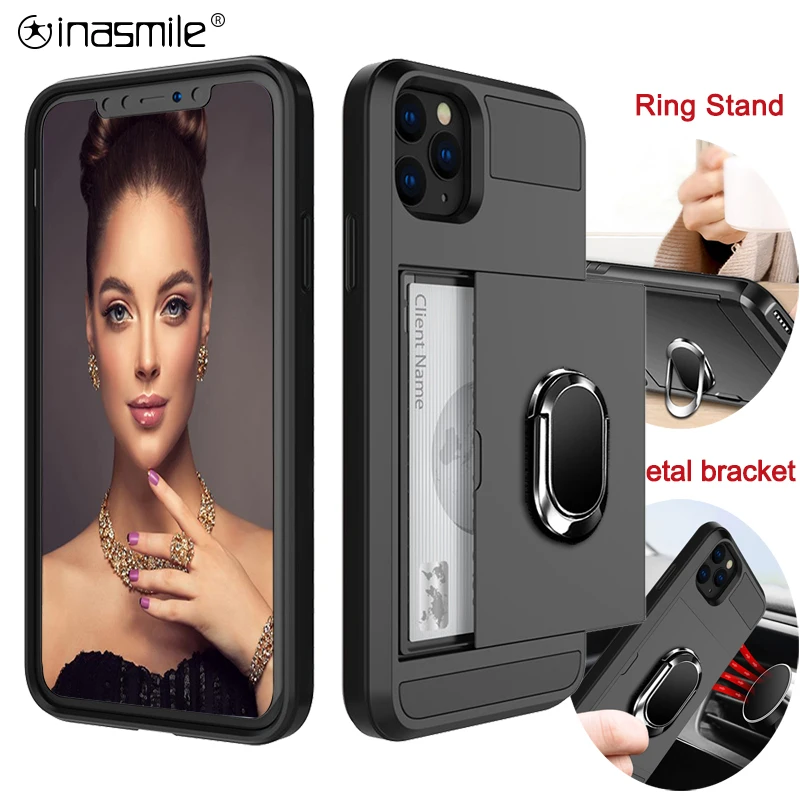 Slide Card Phone Case For Samsung Galaxy S10 S9 S8 Plus S7 Edge Note 9 8 A3 A5 A7 A8 Shockproof Holder Ring Armor Full Cover | Мобильные