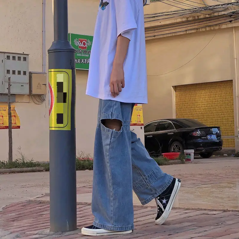 

Hole jeans men's and women's loose straight pants hip hop personality street high waist retro casual wide leg daddy pants