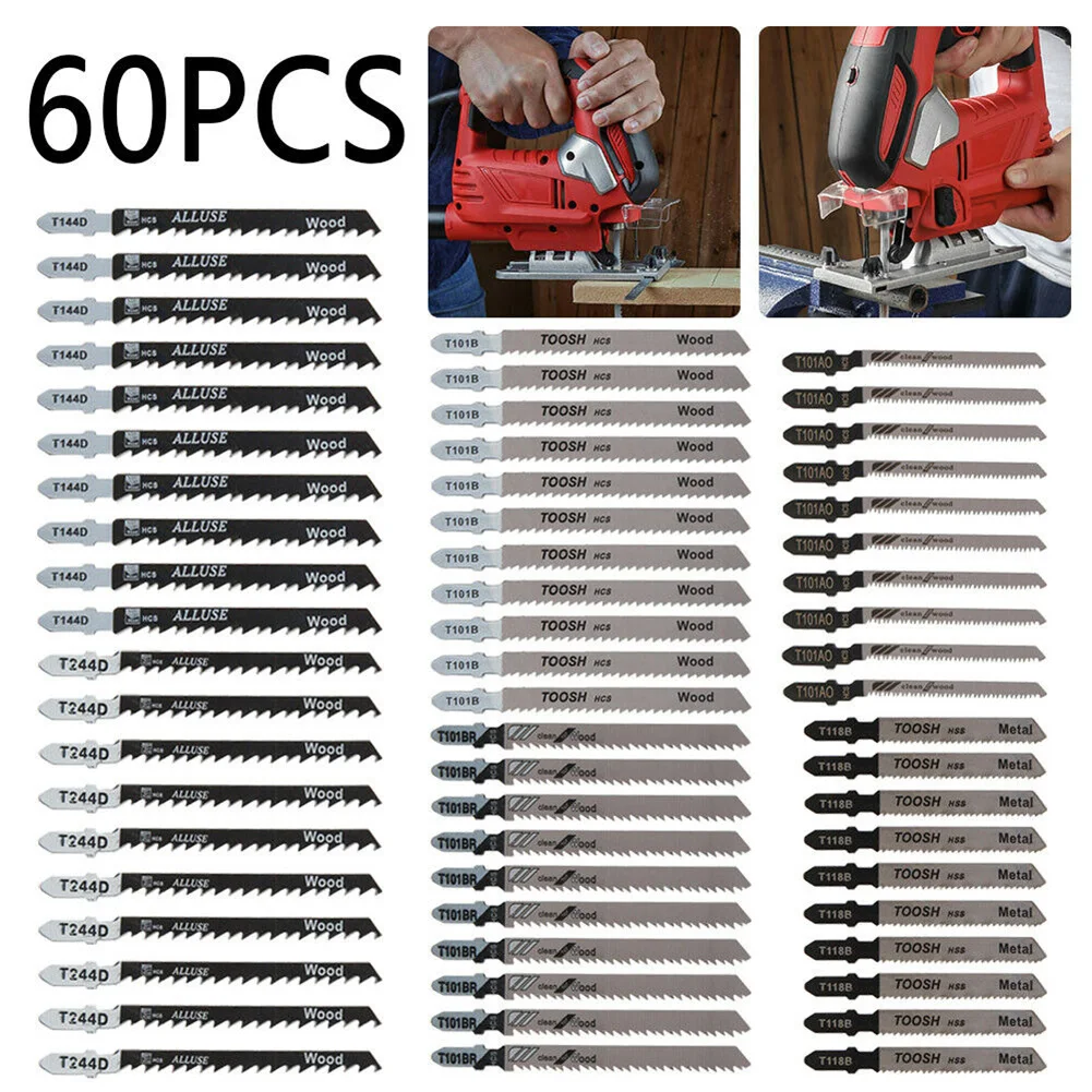 

60Pcs T118A/T118B/T101AO/T101B/T101BR/T144/T244 Jig Saw Blade Kit Metal Wood Plastic T-Shank Blade Cutting Woodworking Accessory