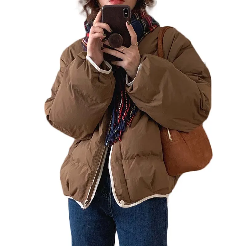 

Женская теплая однотонная куртка, свободная куртка контрастной расцветки с круглым вырезом, модель Y821 в Корейском стиле на зиму, 2021