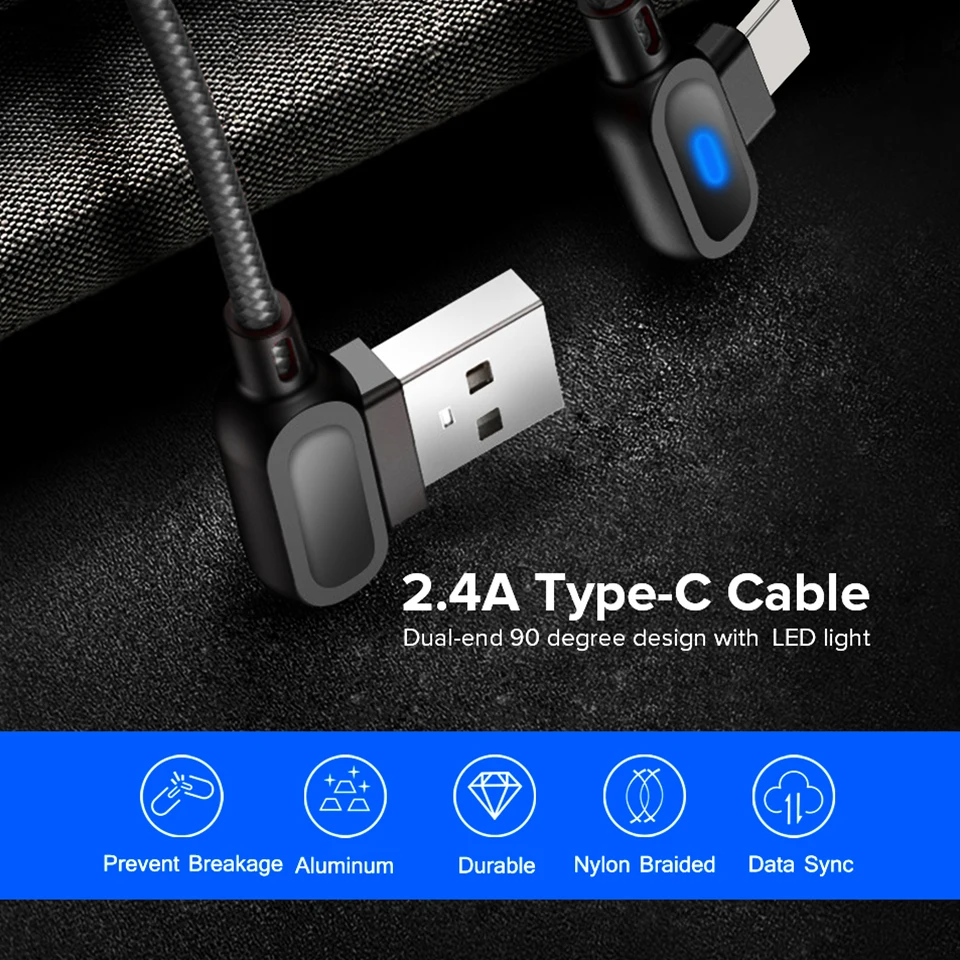 Venroii 1 м 2 м usb type C кабель светодиодный провод для быстрой зарядки для samsung huawei Xiaomi Andriod 90 градусов зарядное устройство для мобильного телефона