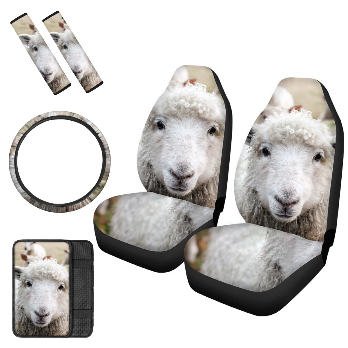 

Универсальные чехлы на сиденья PinUp с изображением овечьей овцы, чехлы для рулевого колеса, защита центральной консоли, прочный ремень безоп...