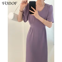 vodof casual v neck short sleeve women dress 2020 summer cotton and linen female mid length dress lace up side split vestidos