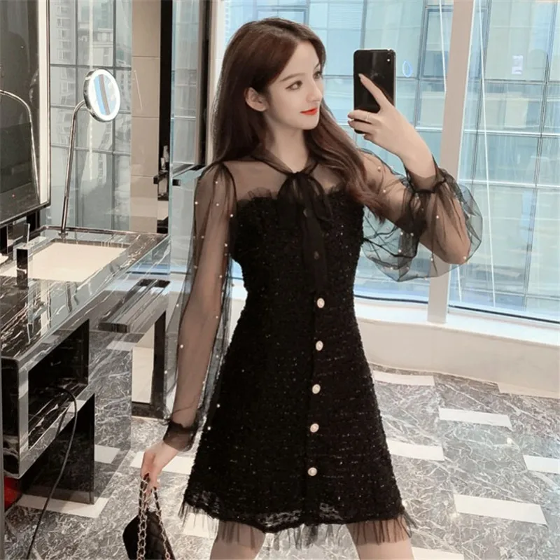 

Women Transparent Lantern Sleeve Fairy Mesh Dress Sweet Bowtie Mesh Stitching Gauze A Line Mini Dress Pearl Beads Slim Dress