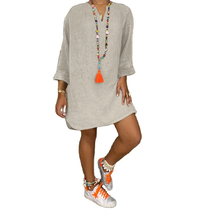 

New New Loose Long Sleeve Cotton Linen Dresses Women Solid V-Neck Knee-Length Dresses for Women Plus Size Dress Donsignet