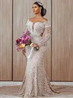 Роскошные свадебные платья с бусинами в форме русалки с длинным рукавом и длинным шлейфом цвета шампанского Aso Ebi свадебное платье на заказ