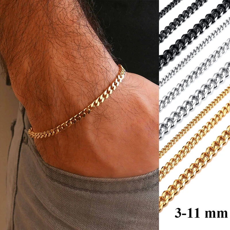 Yobest Basic 3/5/7/9/11mm Wide Curb Cuban Link Chain Bracelets for Men Women Jewelry Anti Allergy Stainless Steel Wristband Gift | Украшения