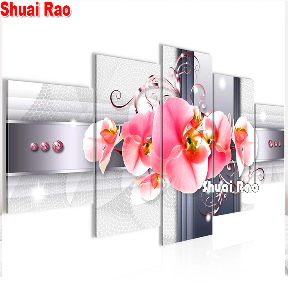 

5 Panel diy Diamond Painting mosaic Diamond Pink Orchid 3d Picture Full Square/round 5d diamond Embroidery Flower Multi-pictures