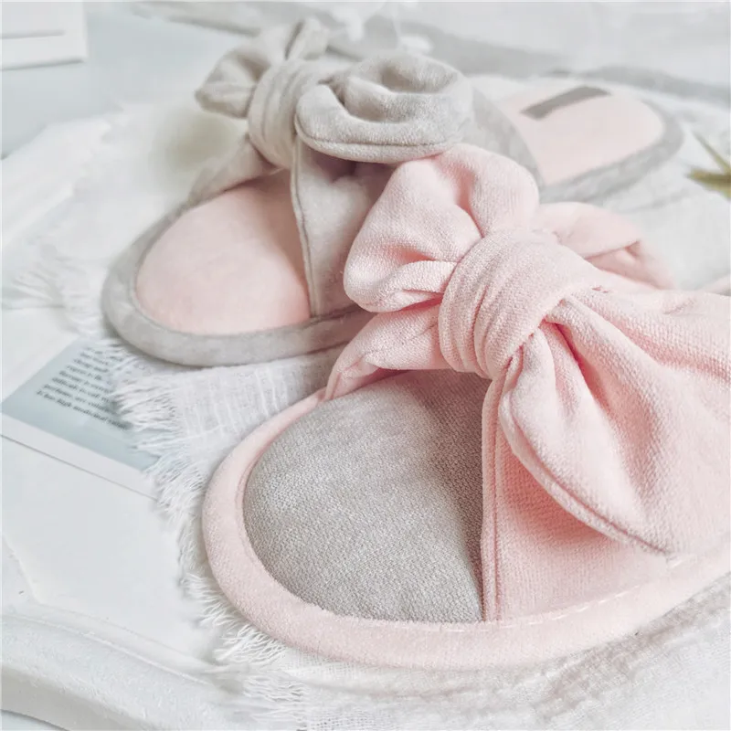 Корейские милые домашние тапочки с бантом женская обувь простые шлепанцы мягкие