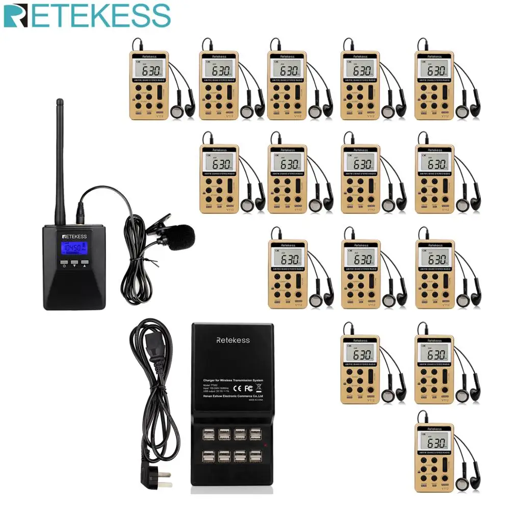 Retekess TR506 FM-передатчик + 15 шт. V112 FM-радиоприемник Система гида перевода церковных