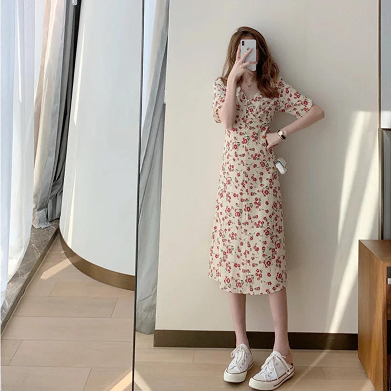 

French First Love Sweet V-neck Floral Sexy Summer Party Long Beach Elegant Casual Dress Vestido Cloth Vintage Boho 2021 Fashion
