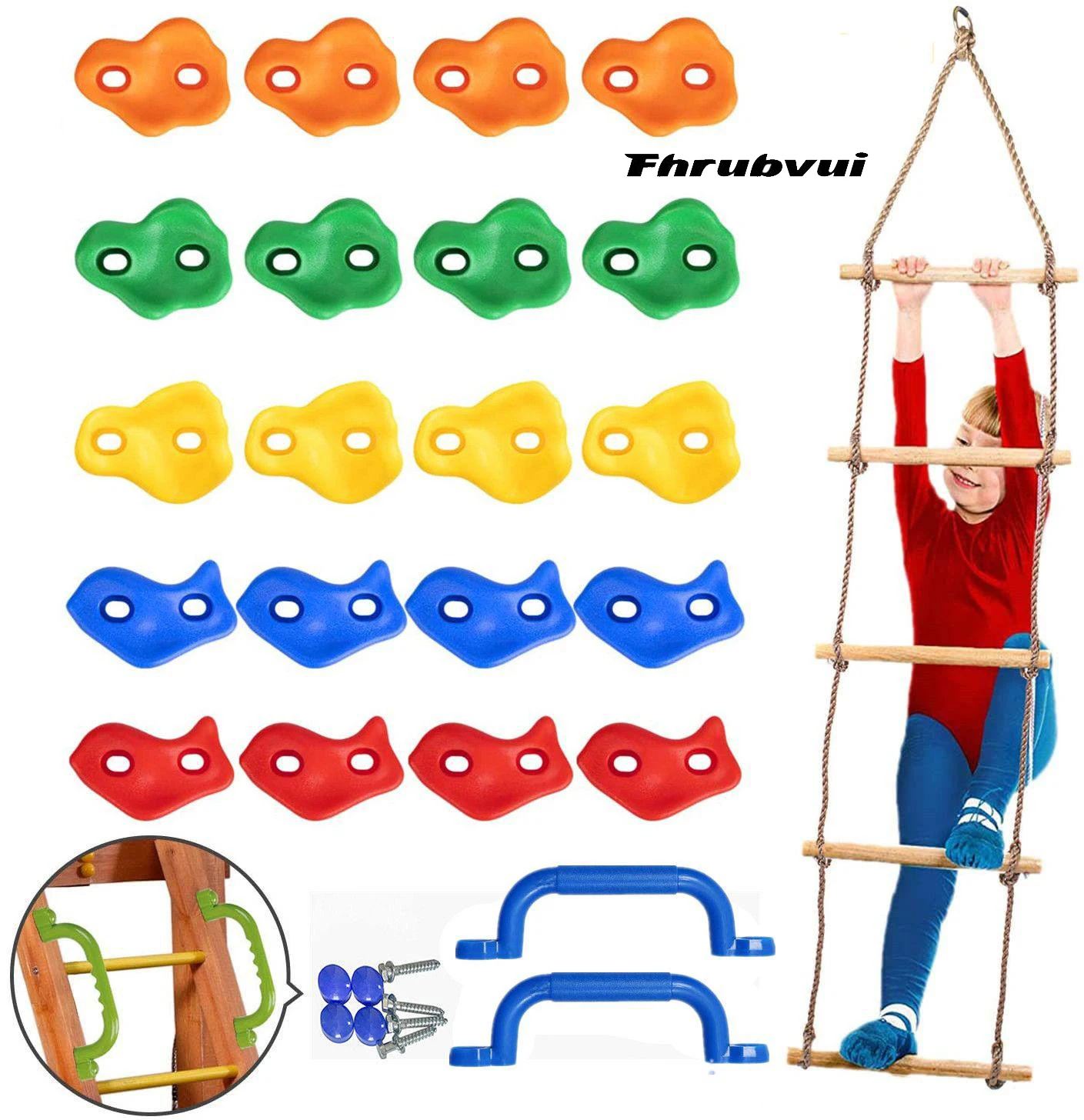 Rock Climbing Holds Set with Climbing Rope Ladder, Auxiliary Climbing Handle and Mounting Bolts - Kid DIY Rock Stone Wall