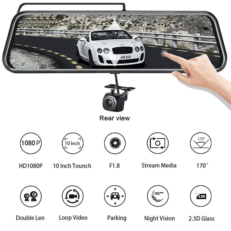 

Streaming Media Rearview Mirror Driving Recorder 10-inch Touch Screen 1440P Dual-lens Night Vision Reversing Image
