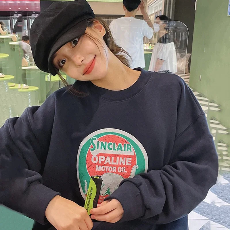 

Корейские толстовки большого размера, свитер, шикарный осенний Игривый пуловер с круглым вырезом и мультяшным принтом букв, свободный длин...