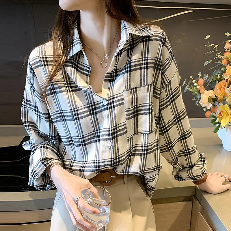 

Женская рубашка в клетку, Повседневная Блузка с длинным рукавом, в винтажном стиле, для отдыха, осень 2020