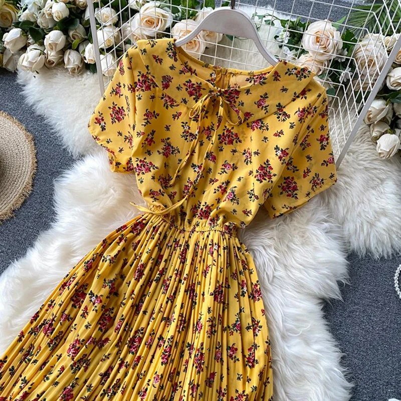 

Sweet Doll collar Women Dress 2021 Summer New Fashion Female short Sleeve Floral Print Pleated Dresses Elegant A-line Vestidos