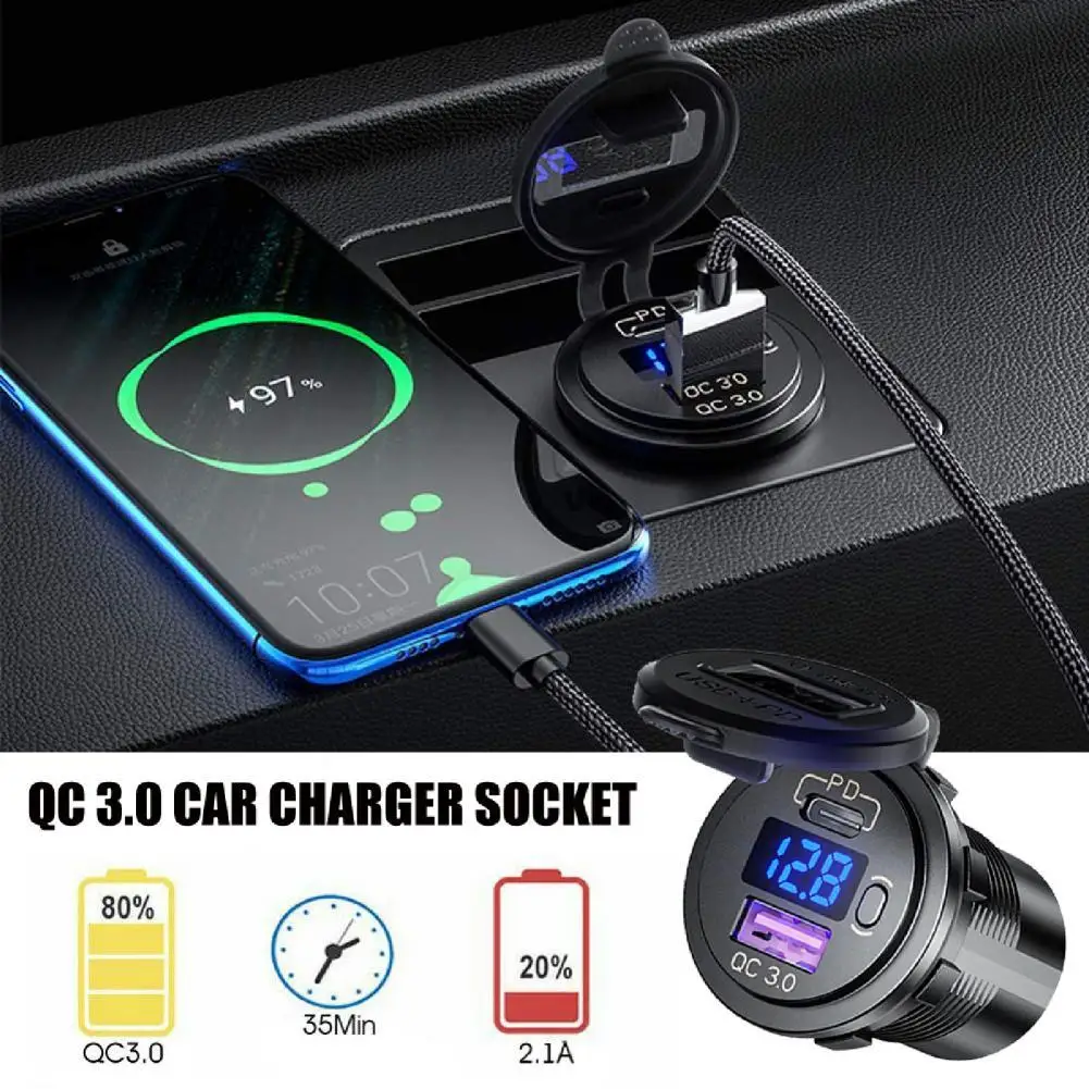 

Автомобильное зарядное устройство PD 4,0/QC 3,0, быстрая зарядка IP66, водонепроницаемое светодиодное Цифровое зарядное устройство для телефона, ...