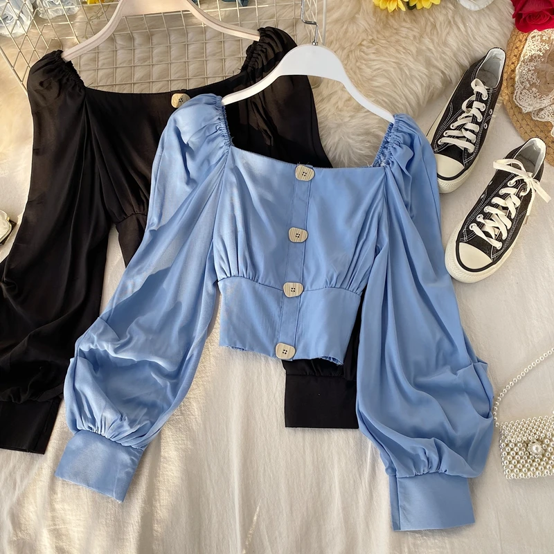 Elegant Retro Vintage Square Collar Off Shouler Lantern Long Sleeve Blouses Slim Waist Button Design Pullover Blusas Solid Shirt