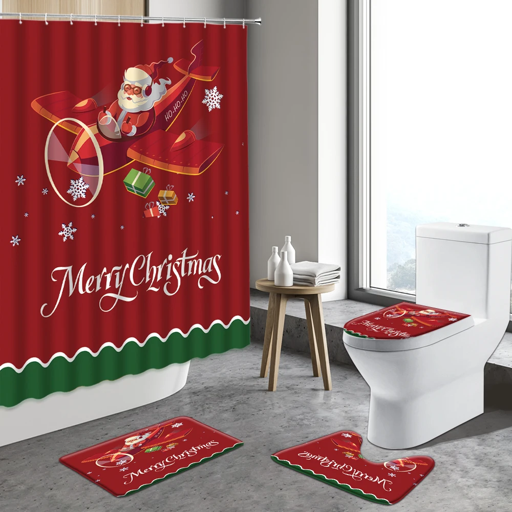 

Merry Christmas Shower Curtain Set With Bath Mat Santa Claus Snowflake Winter Red Deco Bathroom Non-Slip Rug Toilet Cover Carpet