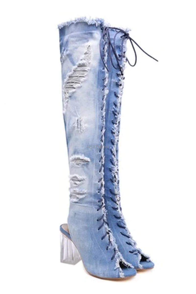

Ladies Boots Sandals Transparent Heel Denim Shoes Lace Up Sexy Over Knee Boots Autumn Womens Open Toe Long Boots size 34-40