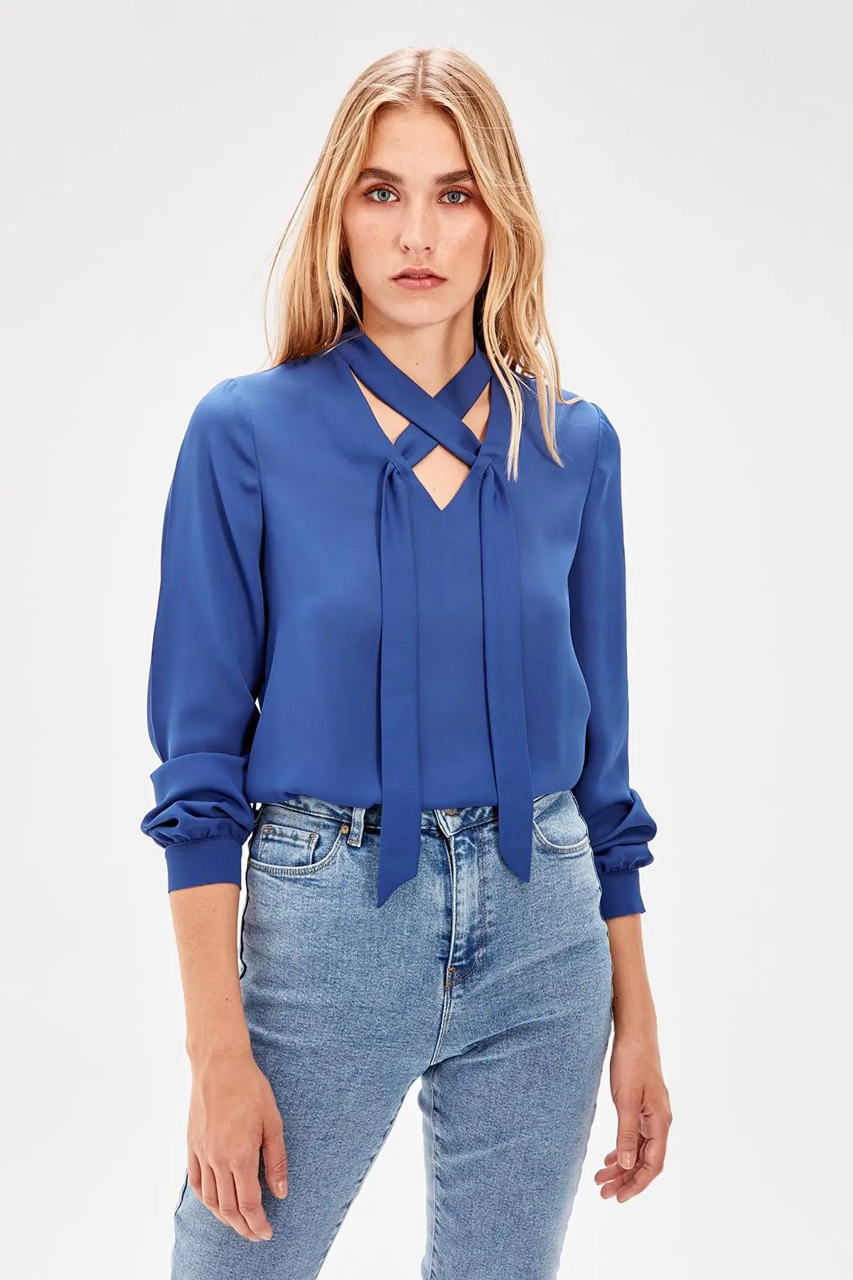 Trendyol темно-синяя шнуровка detayl'bluz TWOAW20BZ0238