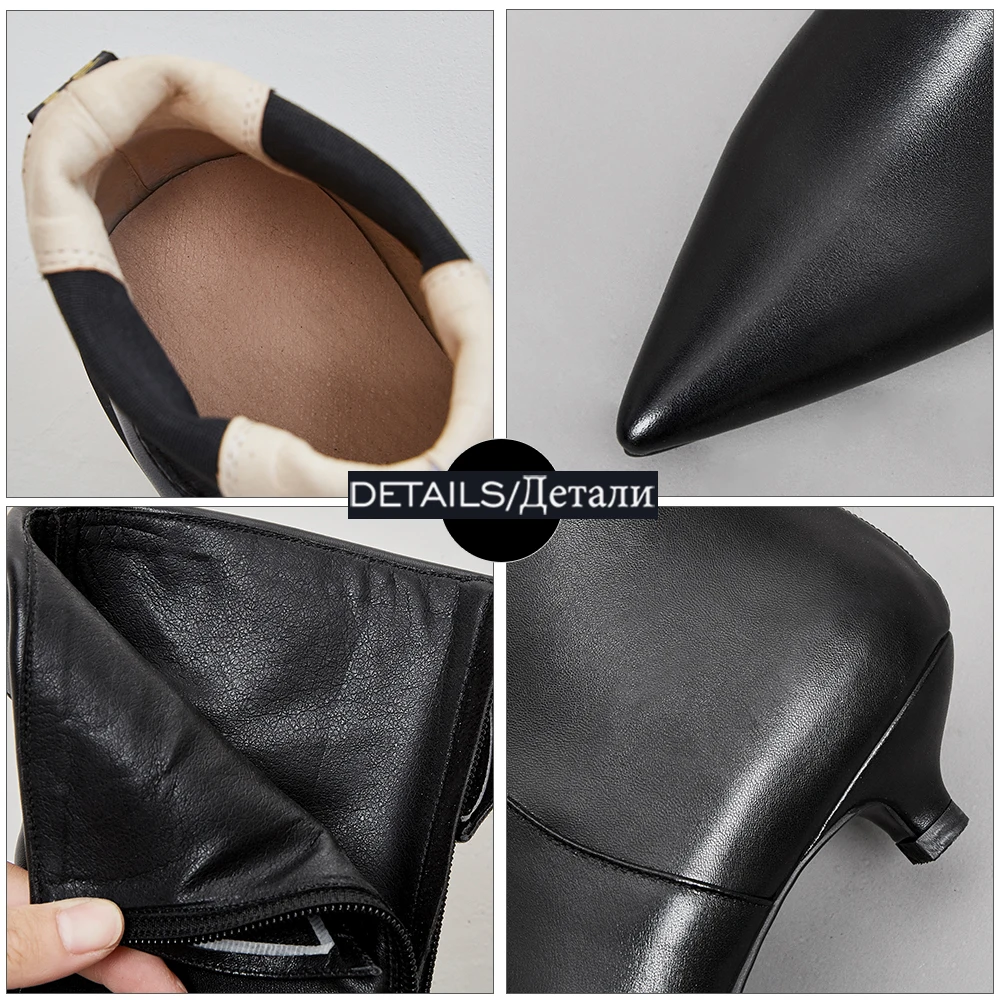 

ISNOM Sexy Pointed Toe Women Boots Genuine Leather Kitten Heels Ankle Boots Ladies Fashion Low Heels Shoes Woman New Booties