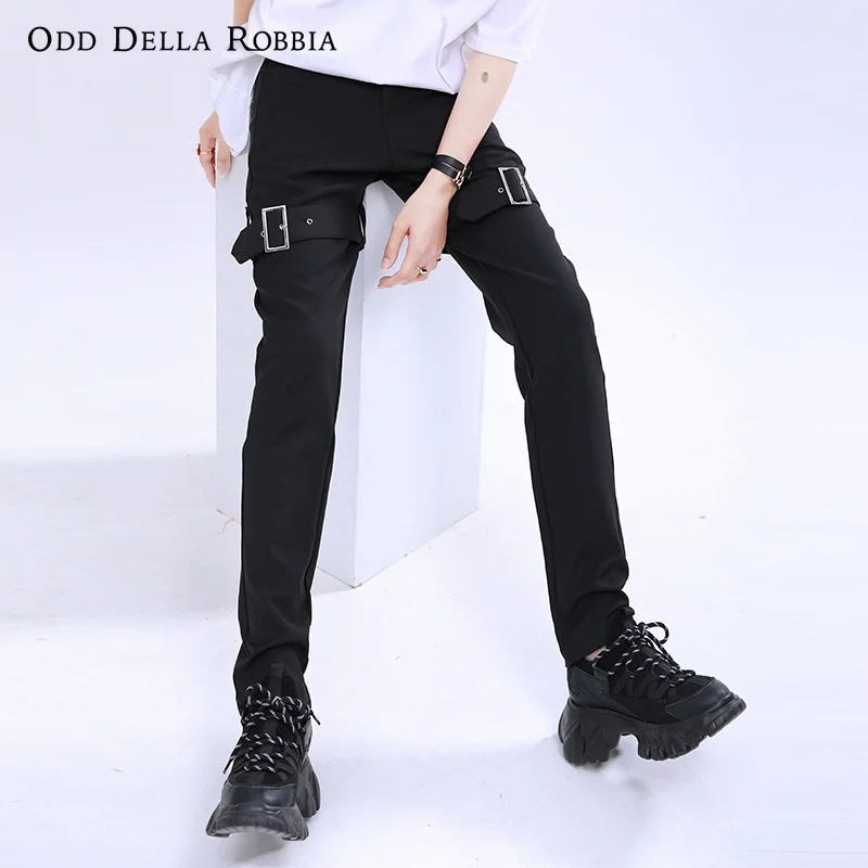 

OddDellaRobbia Women Spring Summer Gothic Punk Streetwear Metal Buckle Strap Black Overalls Pencil High Wais Casual Pants 501