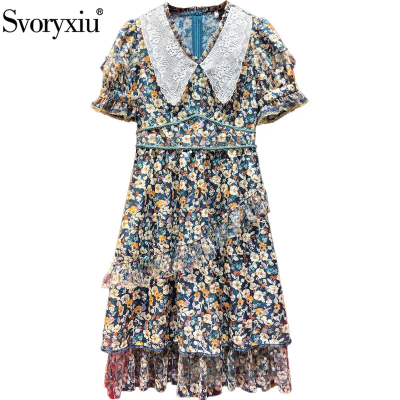 

Svoryxiu Designer Summer Vintage Party Dress Women's Fashion Short Sleeve V-Neck Lace Embroidery Flower Print Midi Dresses