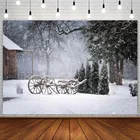 Рождественские фоны дерево зима боке снег деревянная тележка дом детский предмет фотография Фон Фотостудия Декор реквизит фотозона