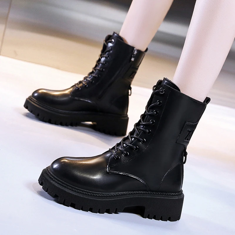 

Rimocy British Style Women Thick Heel Motorcycle Boots Zipper Pu Leather Platform Ankle Boots Woman Lace Up Combat Botas Mujer