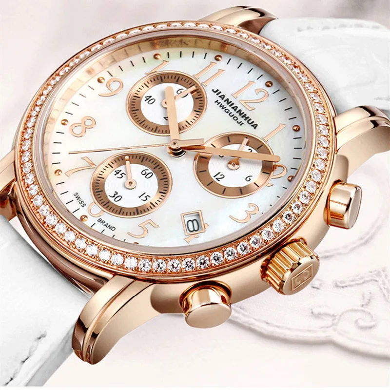 

Classic Elegant Lady Business Dress Watches for Women Workable 3 Eyes Multi Functional Calendar Watch Automatic Crystals Watch